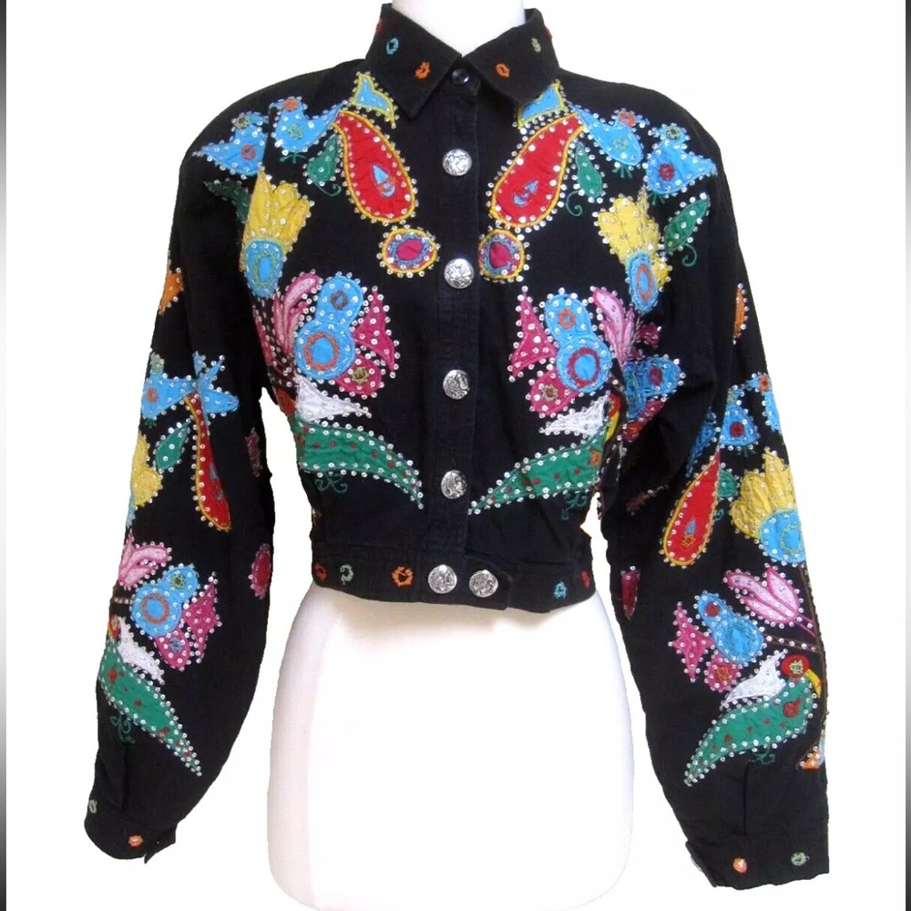 Vintage Crop Jacket Sz M Embroidered Folk Art Birds & Floral OTHER DESTINATION
